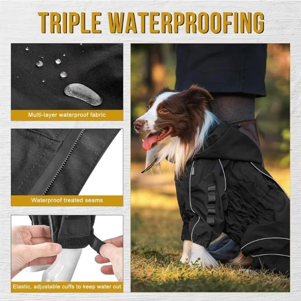 OneTigris Dog Raincoat w/ Removable Hood | Waterproof Reflective 4-Leg Jacket |s